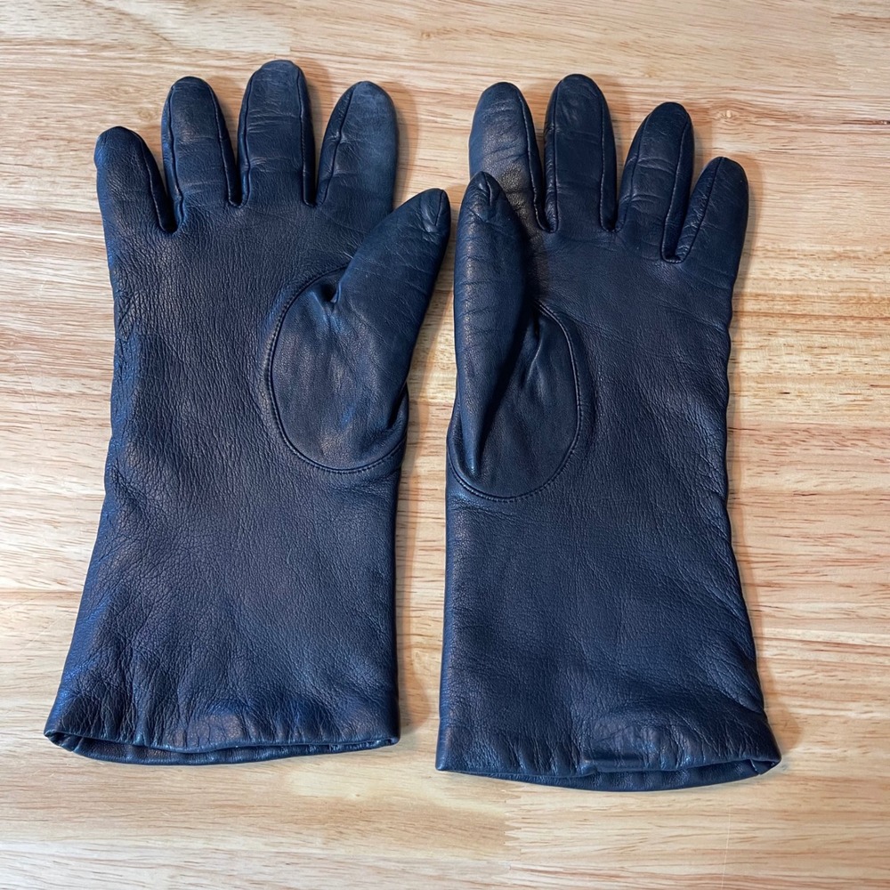 Aris Navy Blue Leather Gloves 100% Cashmere Lined Size 8 Women Vintage Luxury